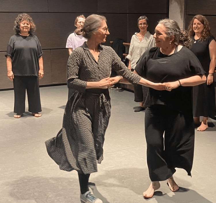 Groupe de participants pratiquant une danse traditionnelle italienne lors d’un atelier Sudanzare à Paris